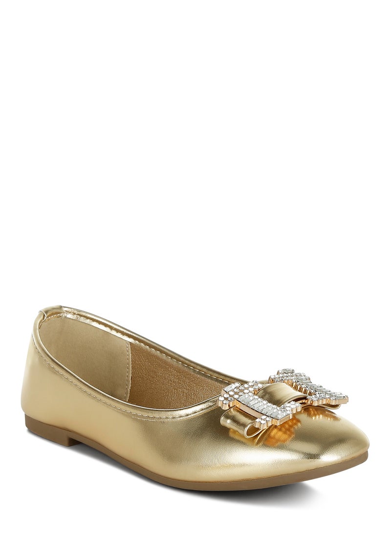 Rhinestone Buckle Metallic Ballerinas in Gold