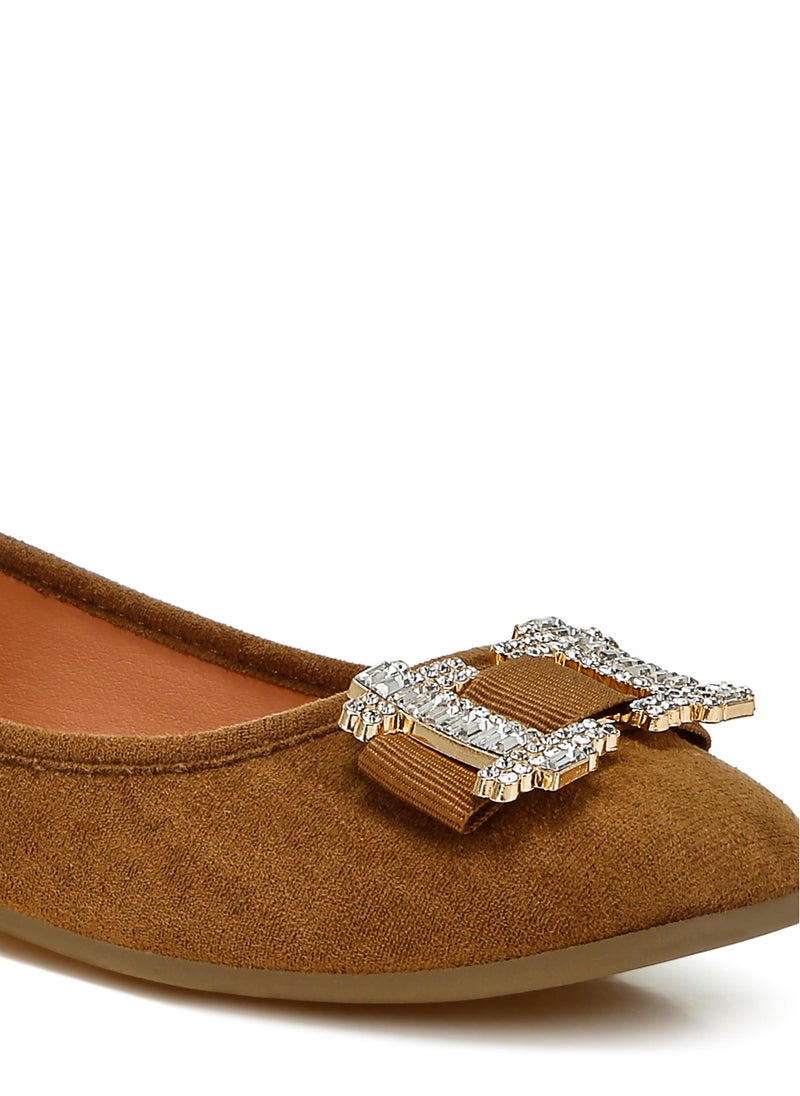 Rhinestone Buckle Detail Ballerinas in Tan