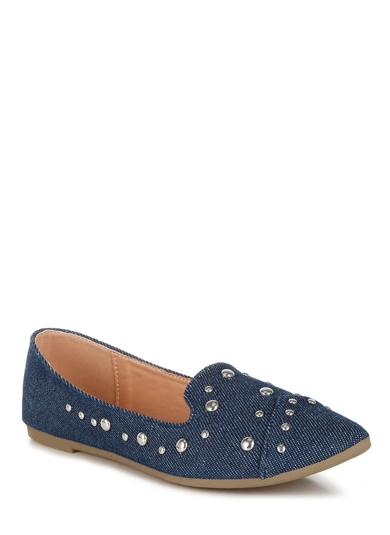 Stud Emebllished Ballet Flats in Denim