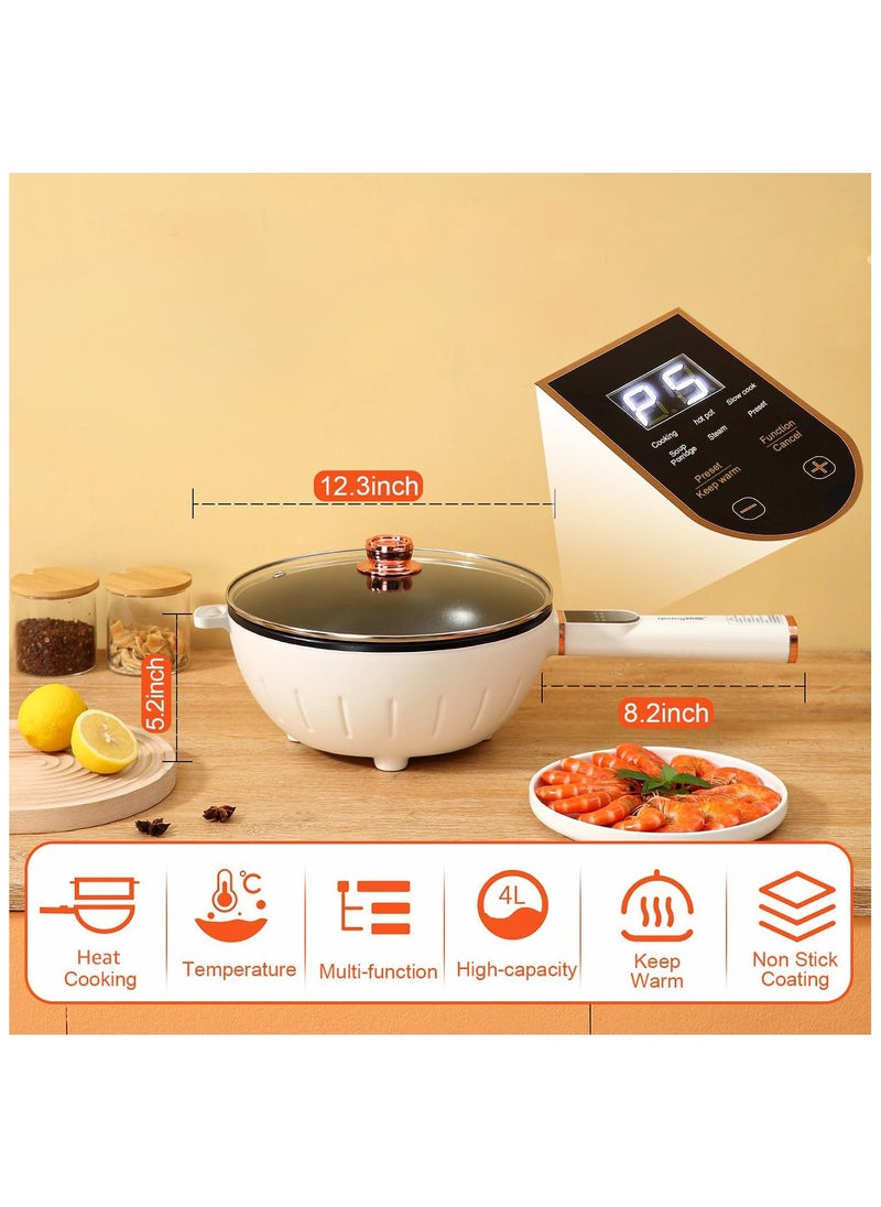 Electric Hot Pot 4L - Non-Stick Multi-Cooker, Electric Skillet, Frying Pan, Saucepan for Ramen, Noodles, Steak, Eggs, Pasta, Rice, Soup, Sauté & Shabu Shabu