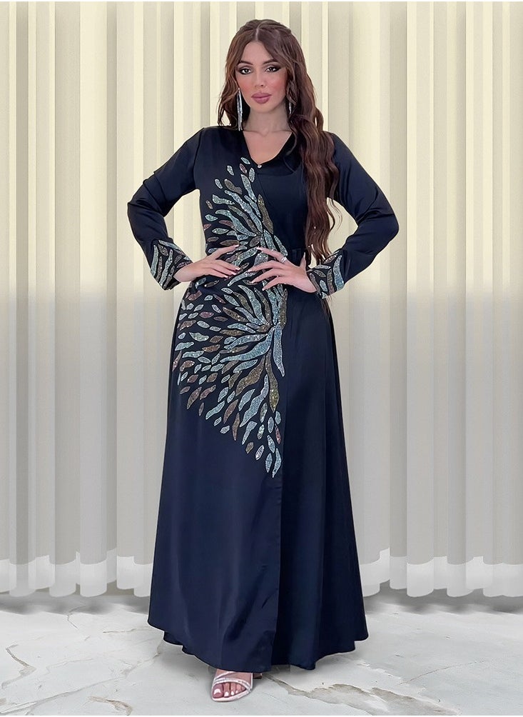 Fashionable Dark Blue Beaded Abaya Satin Evening Dress Dubai Arab Open-front Robe