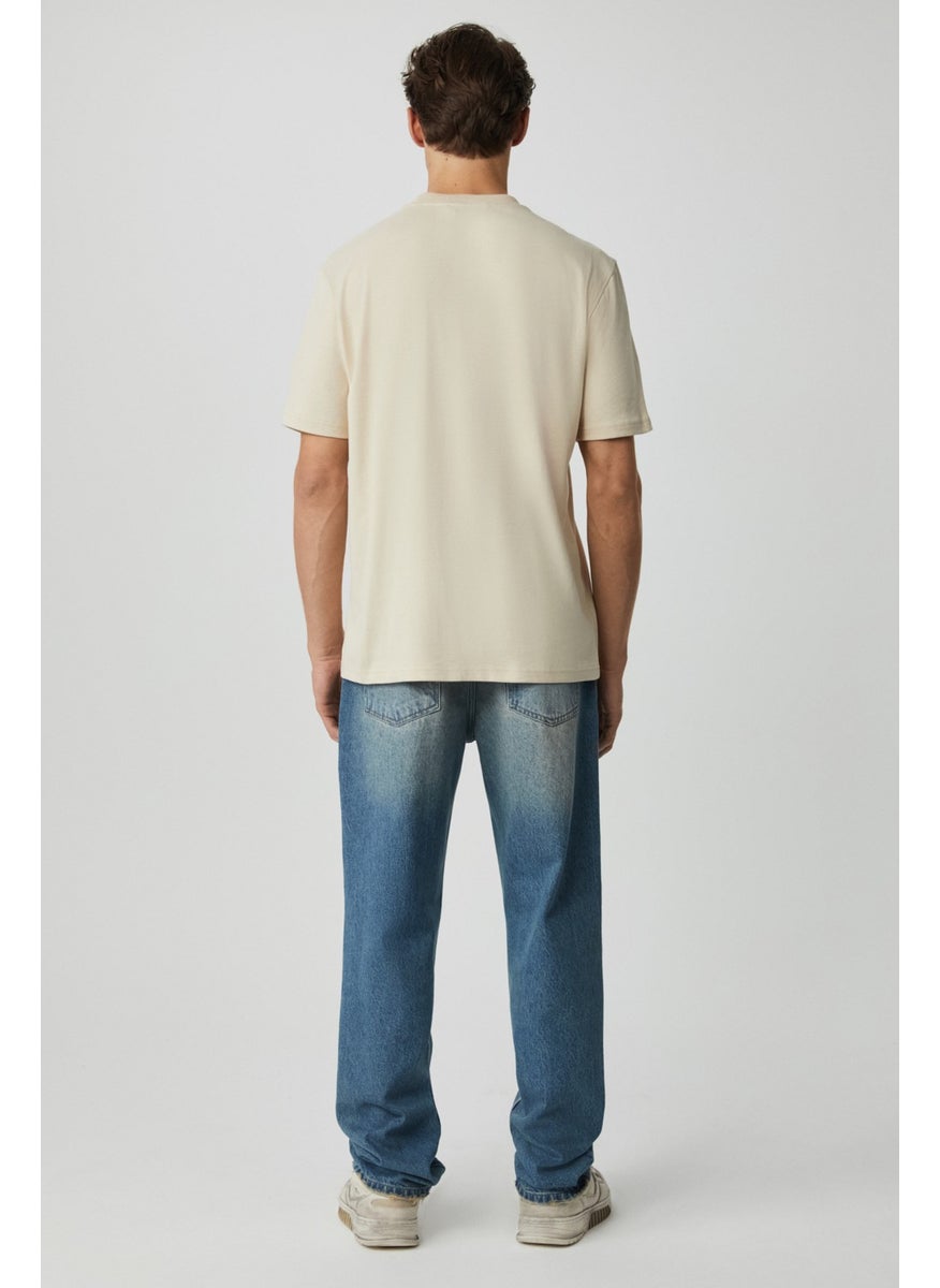 Longweek Men's Cotton Round Neck Comfort Cream T-Shirt