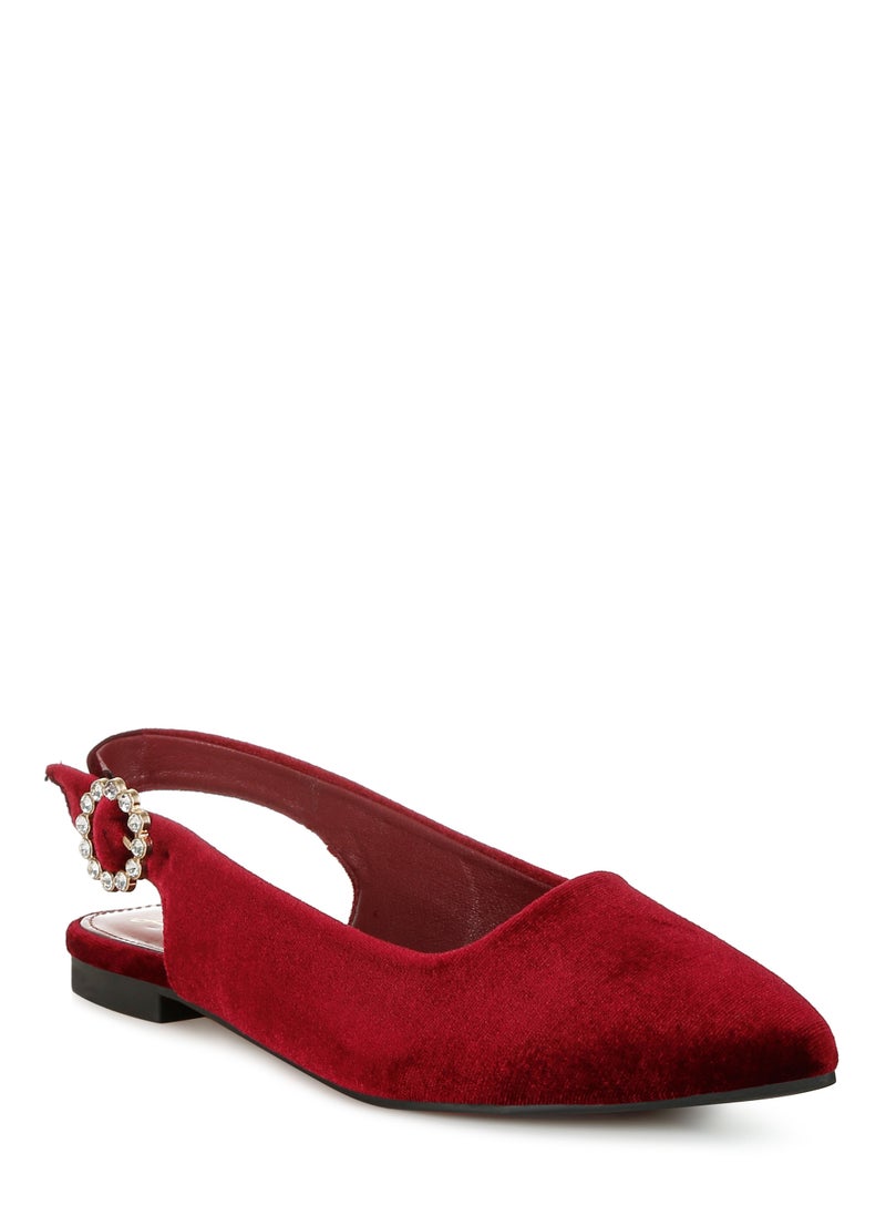 Velvet Slingback Flat Sandals in Dark Red