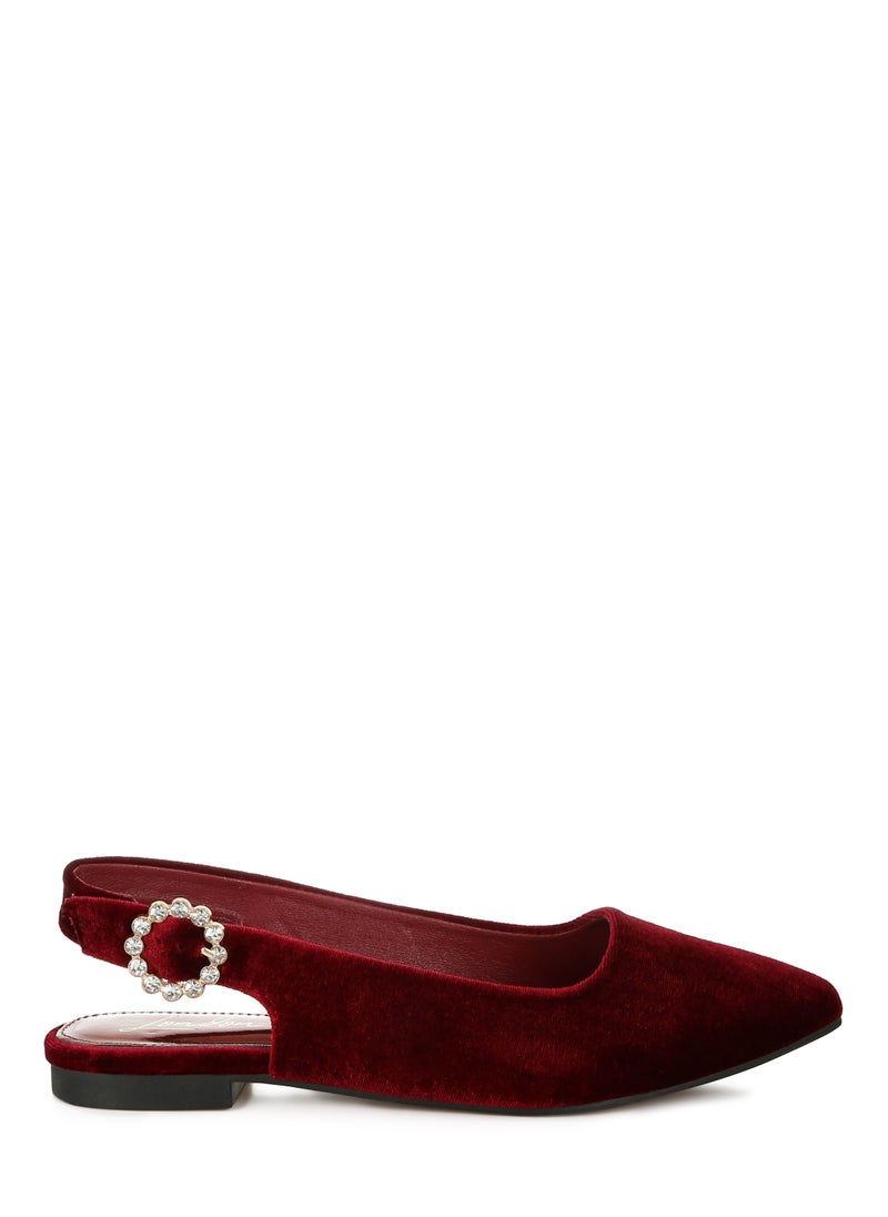 Velvet Slingback Flat Sandals in Dark Red