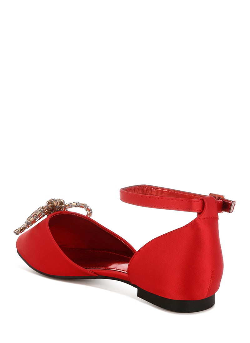 Rhinestone Detail Bow Flat Sandals in Red