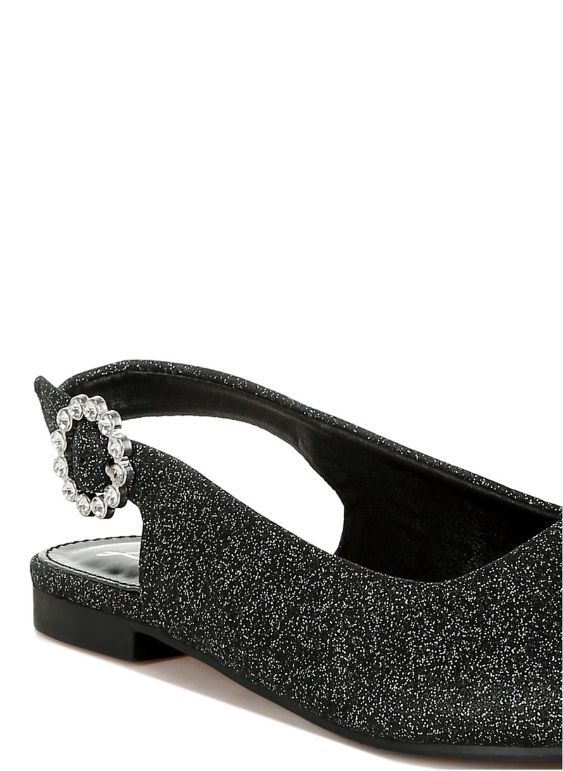 Glitter Slingback Flat Sandals in Black