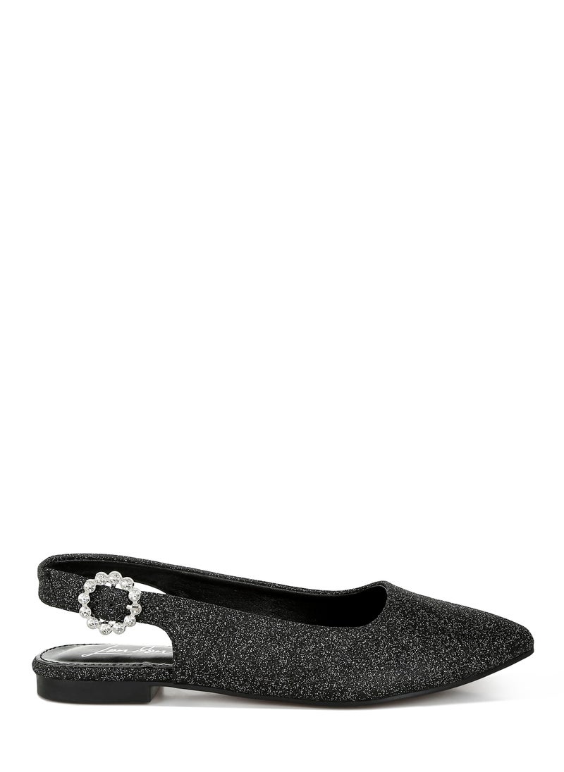 Glitter Slingback Flat Sandals in Black