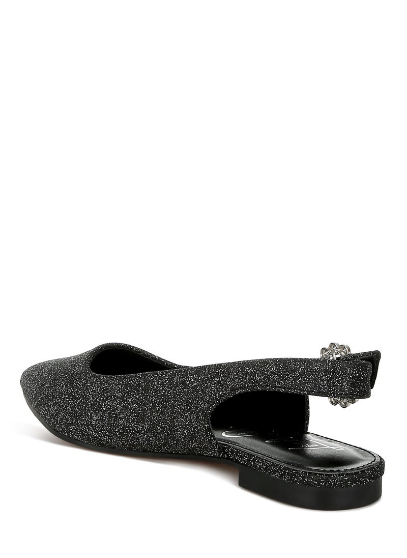 Glitter Slingback Flat Sandals in Black