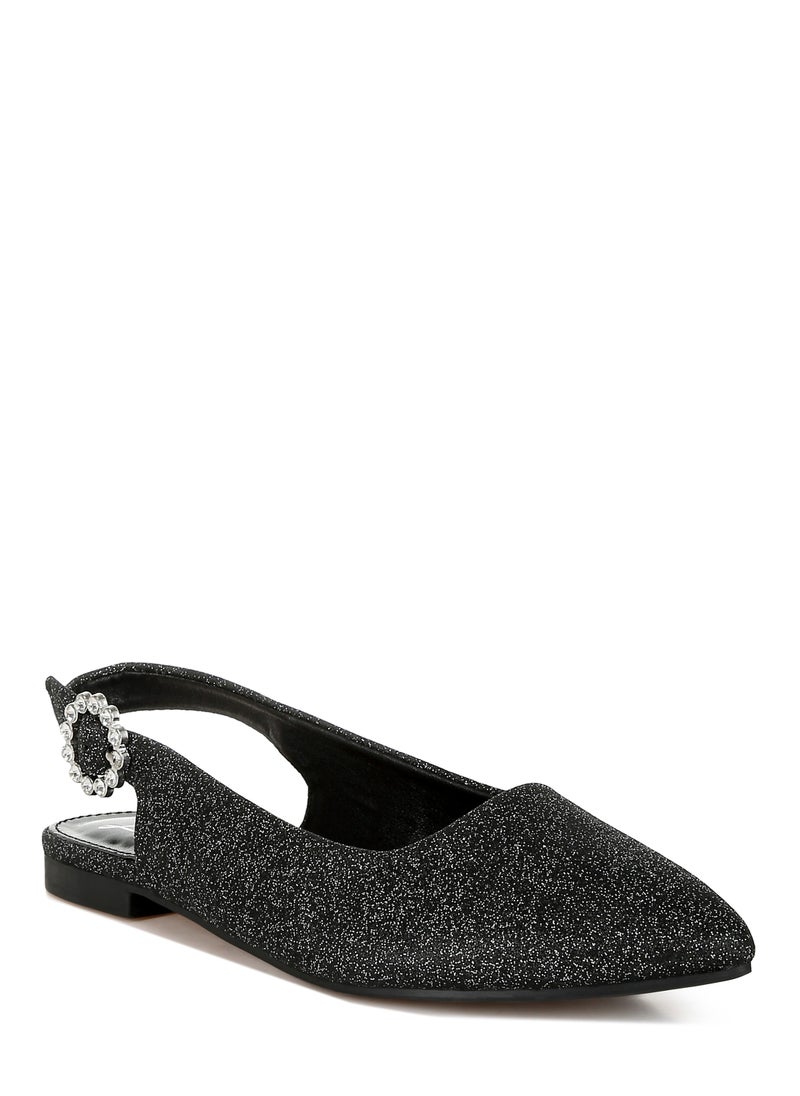 Glitter Slingback Flat Sandals in Black