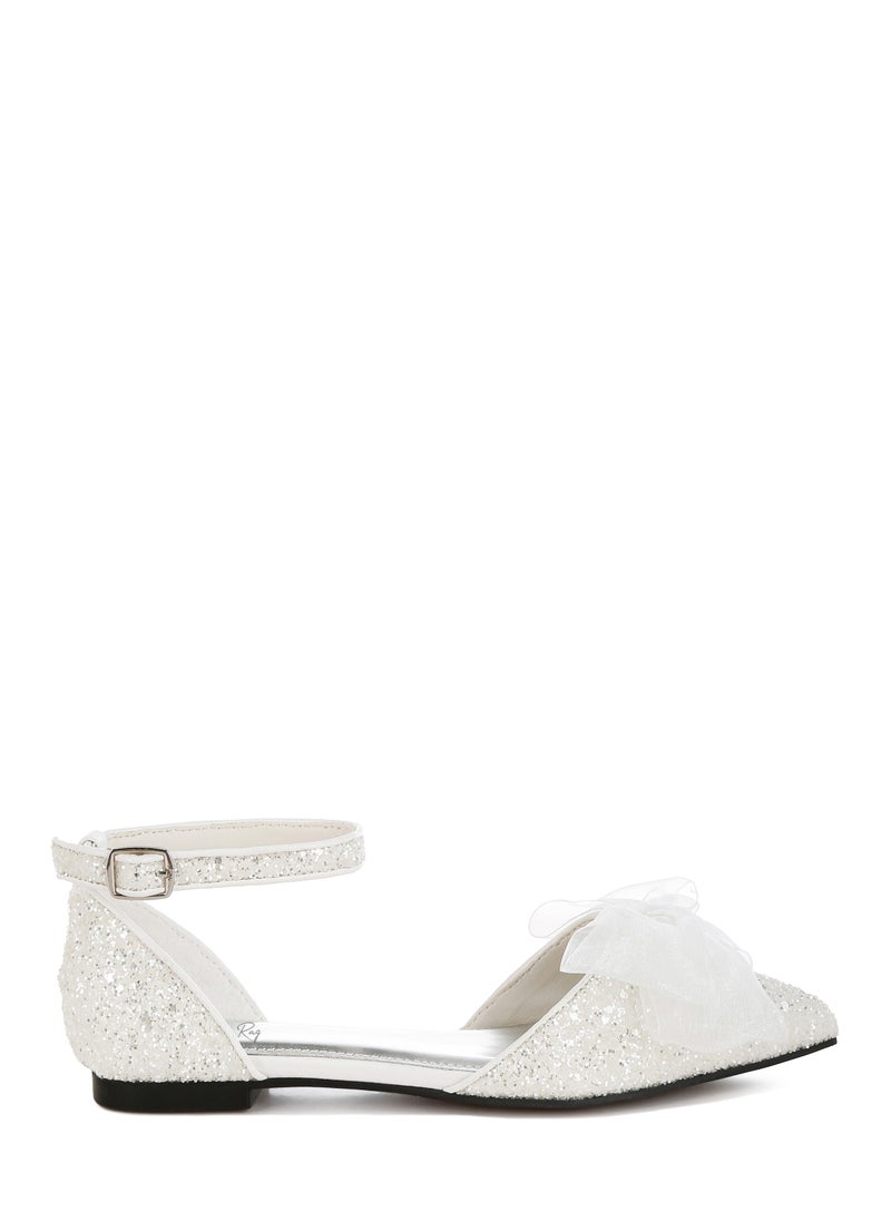 Sheer Bow Detail Glitter Flat Sandals in White