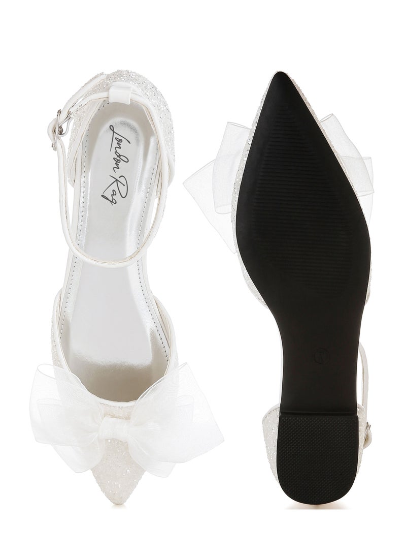 Sheer Bow Detail Glitter Flat Sandals in White