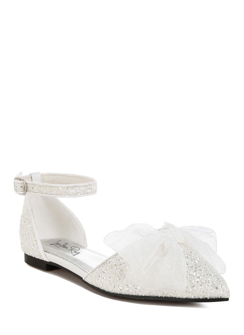 Sheer Bow Detail Glitter Flat Sandals in White