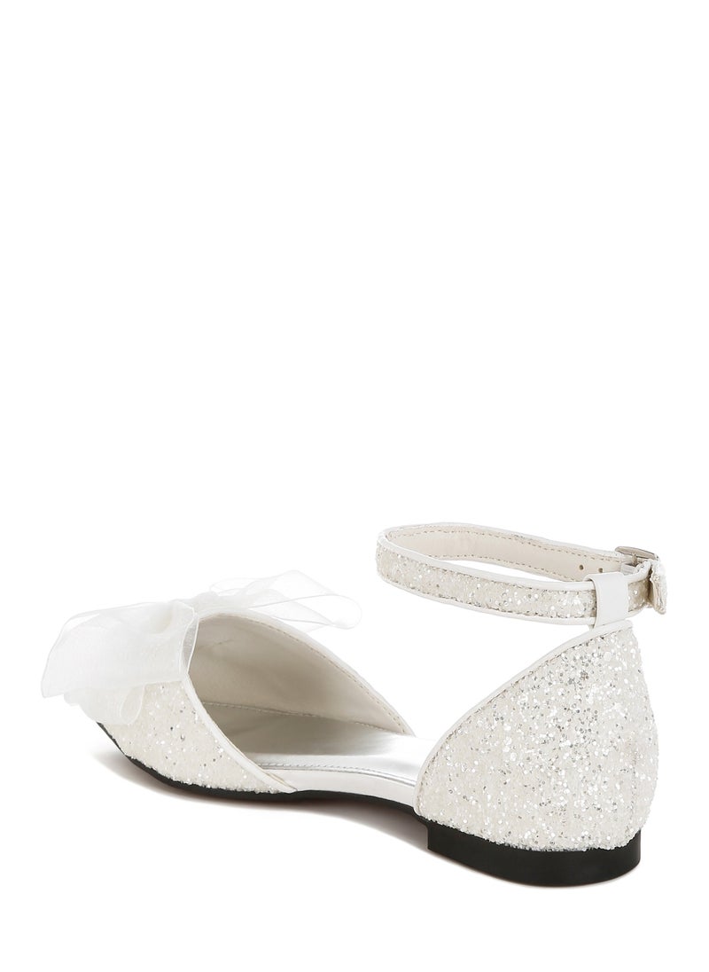 Sheer Bow Detail Glitter Flat Sandals in White