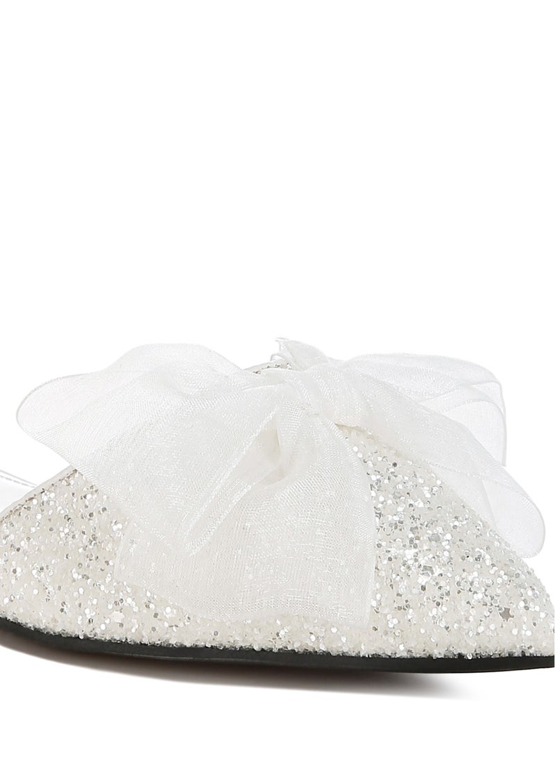 Sheer Bow Detail Glitter Flat Sandals in White