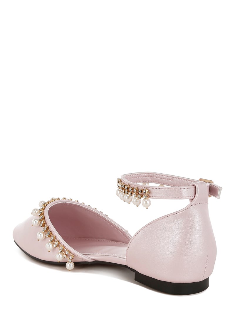 Rhinestone & Pearl Ankle Strap Flat Sandals in Blush