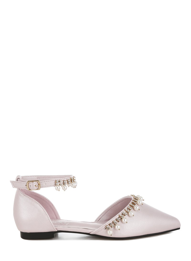 Rhinestone & Pearl Ankle Strap Flat Sandals in Blush