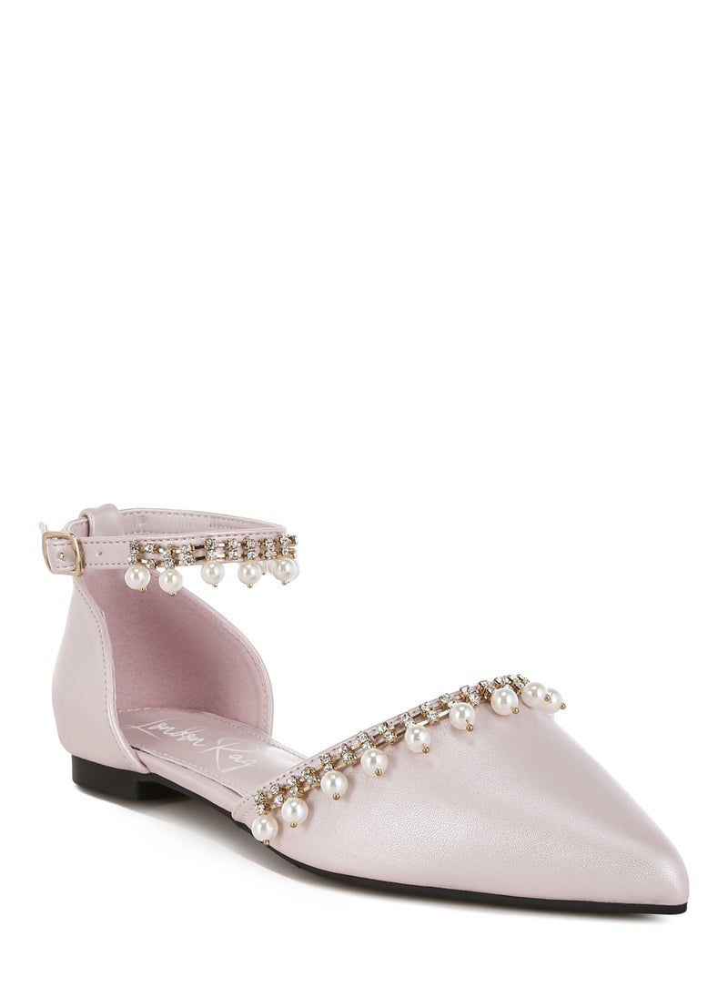 Rhinestone & Pearl Ankle Strap Flat Sandals in Blush