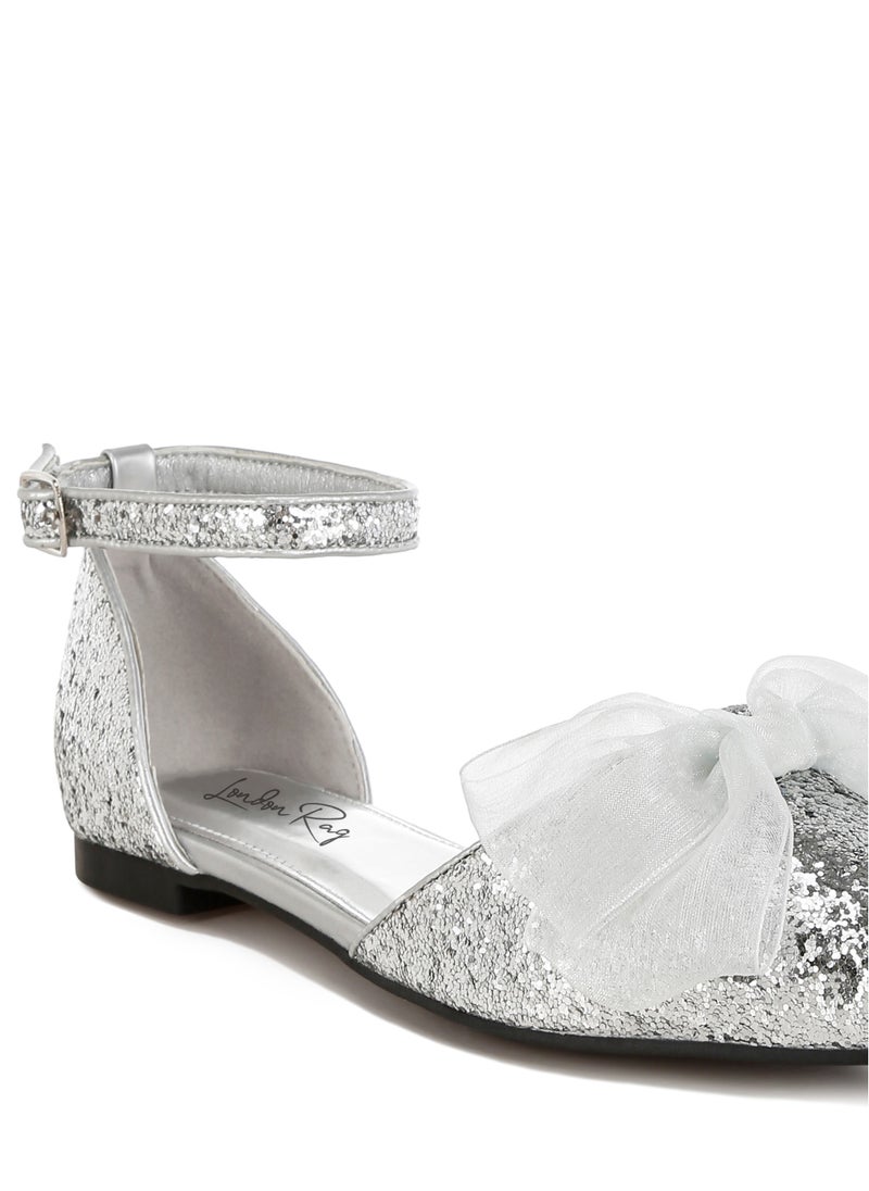 Sheer Bow Detail Glitter Flat Sandals in Silver