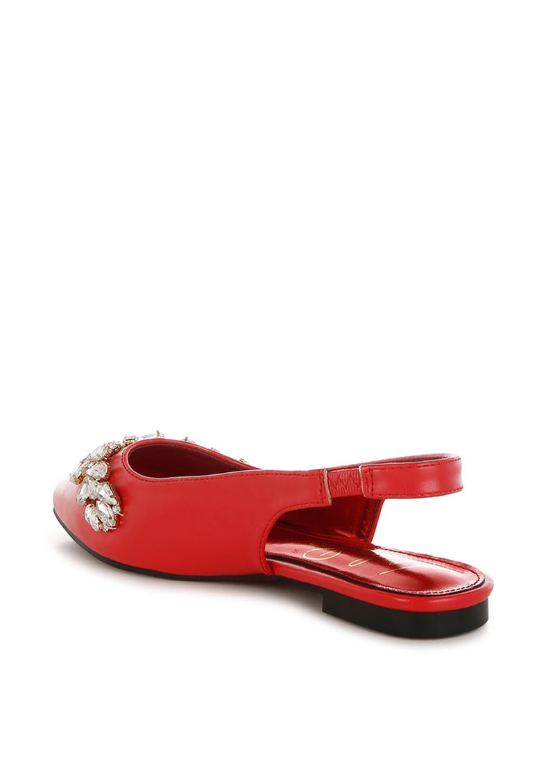 Diamante Embellished Flat Sandals in Red