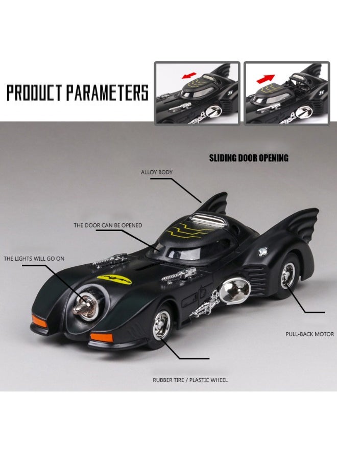 1989 Batmobile Model Toy, 1/38  Diecast Alloy Car Models for Vintage Bat Chariot Classic Car, with Light and Pull Back Model Car, Alloy Collectible Toy (Black)