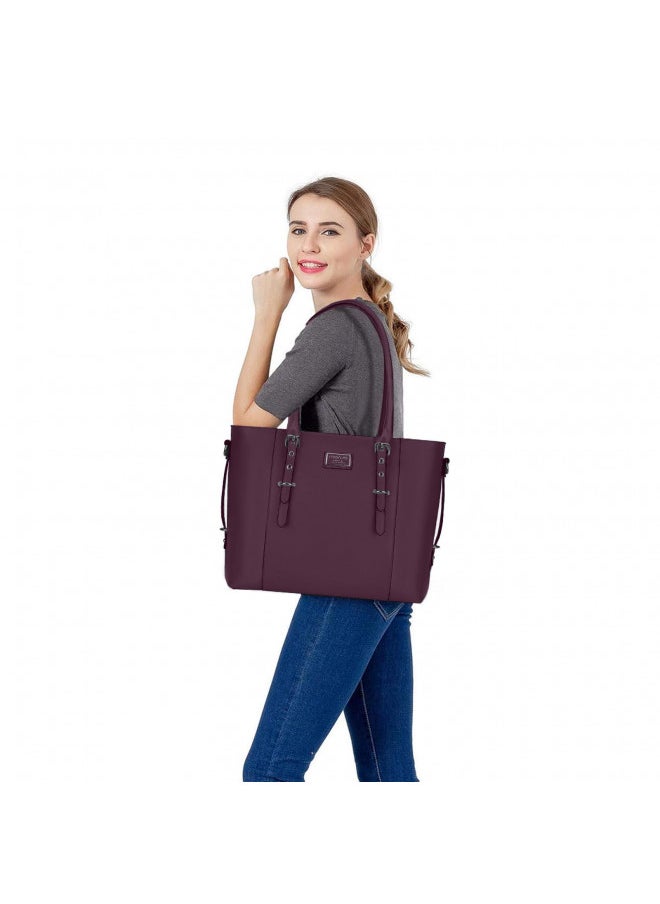MOSISO PU Leather Laptop Tote Bag for Women (17-17.3 inch), Plum
