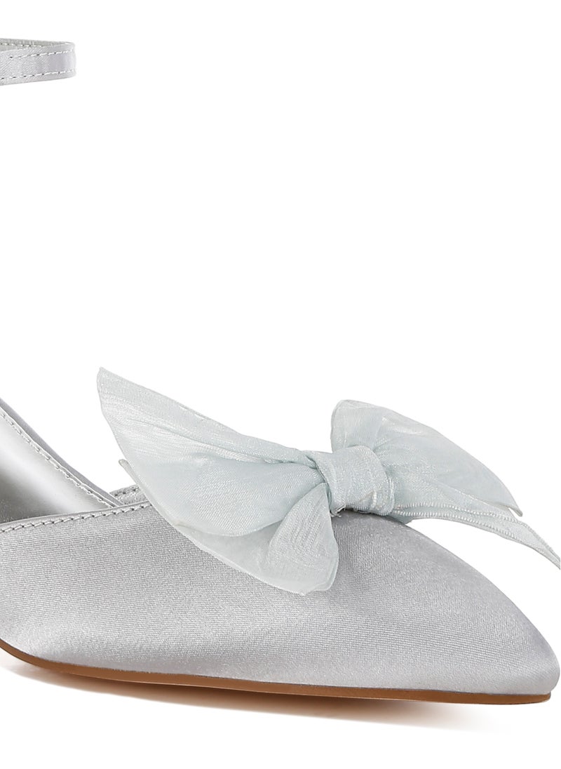 Bow Detail Satin Sandals in Silver