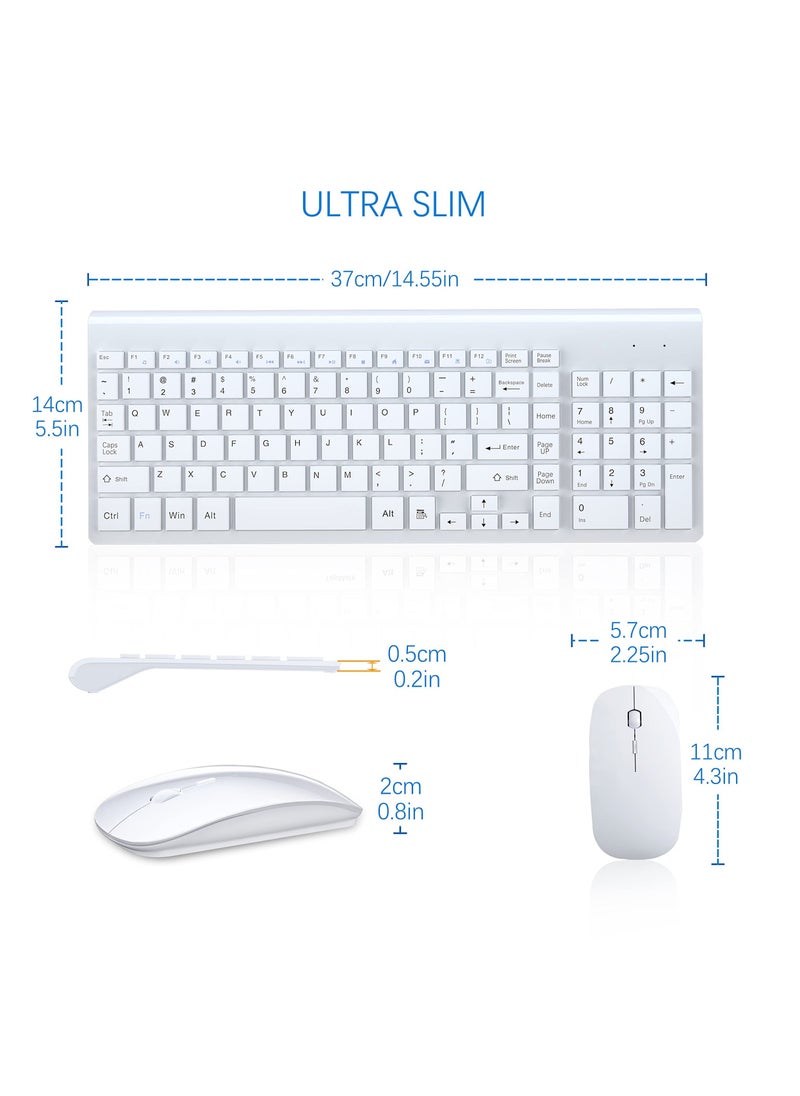 Wireless Keyboard and Mouse Ultra Slim Combo, 2.4G Silent Compact USB Mouse and Scissor Switch Keyboard Set with Cover, 2 AA and 2 AAA Batteries, for PC/Laptop/Windows/Mac - White