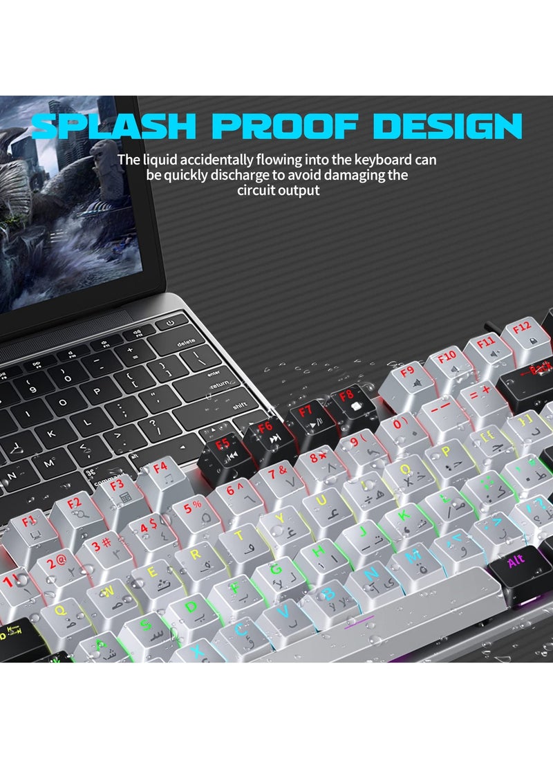 English Arabic Mechanical Gaming Keyboard with RGB LED Rainbow Backlit, 104 Keys Quick Response USB Interface E-sport Waterproof Wired Keyboard for Windows/MacOS/Android PC Gamers - Gray Black