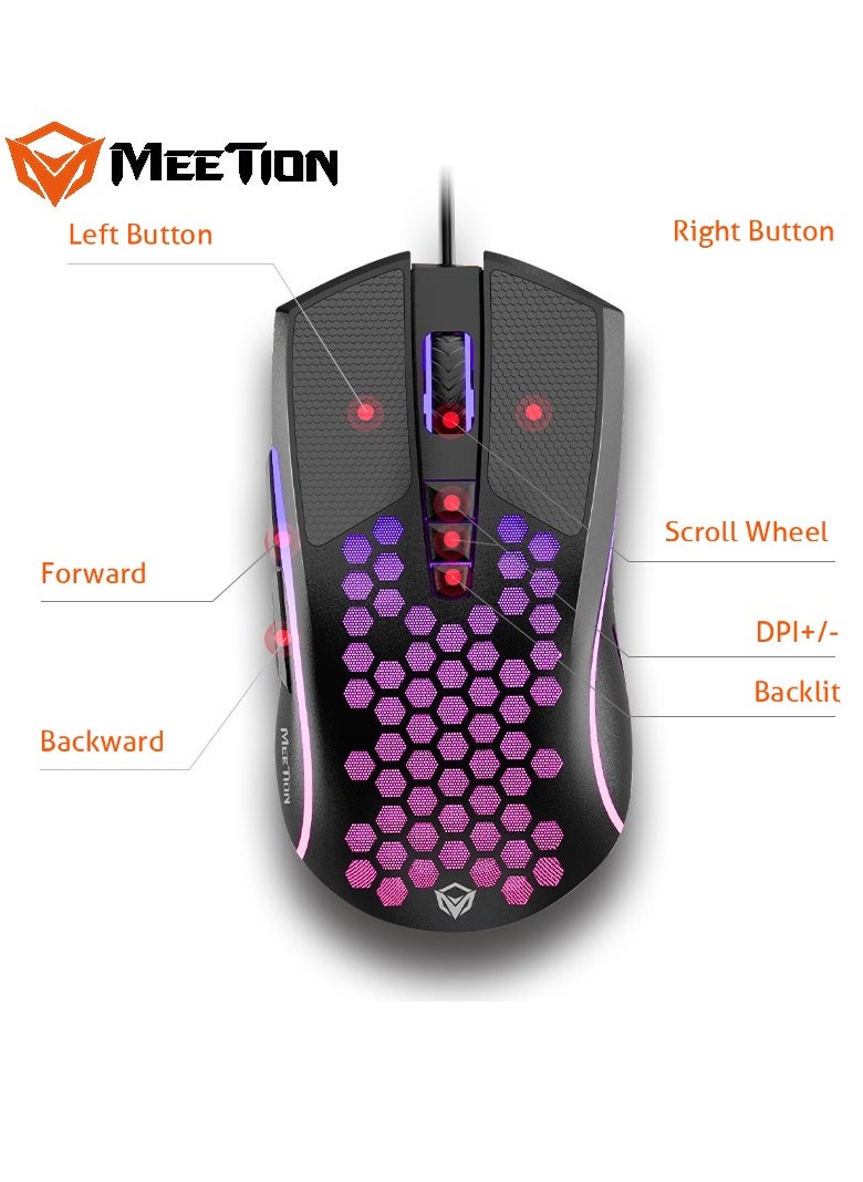 MEETION Lightweight Honeycomb Gaming Mouse GM015 Replaceable non-slip button mat RGB backlight, better gaming experience Honeycomb hollow design, feels light and fast