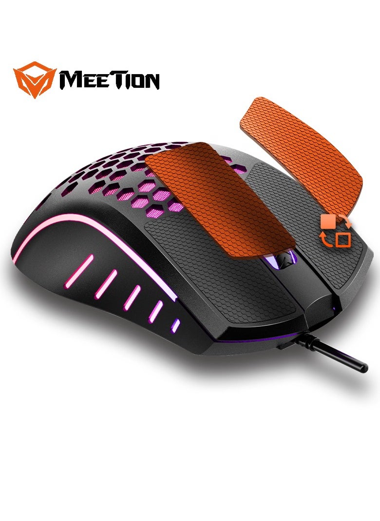 MEETION Lightweight Honeycomb Gaming Mouse GM015 Replaceable non-slip button mat RGB backlight, better gaming experience Honeycomb hollow design, feels light and fast