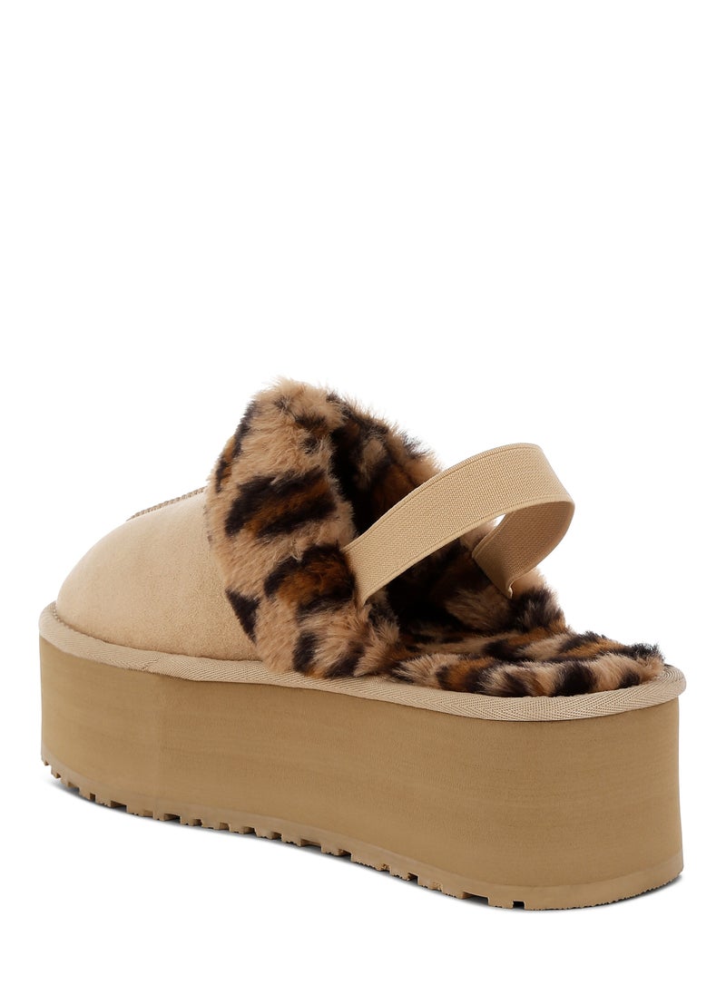 Leopard Faux Fur Platform Classic Slingback in Beige