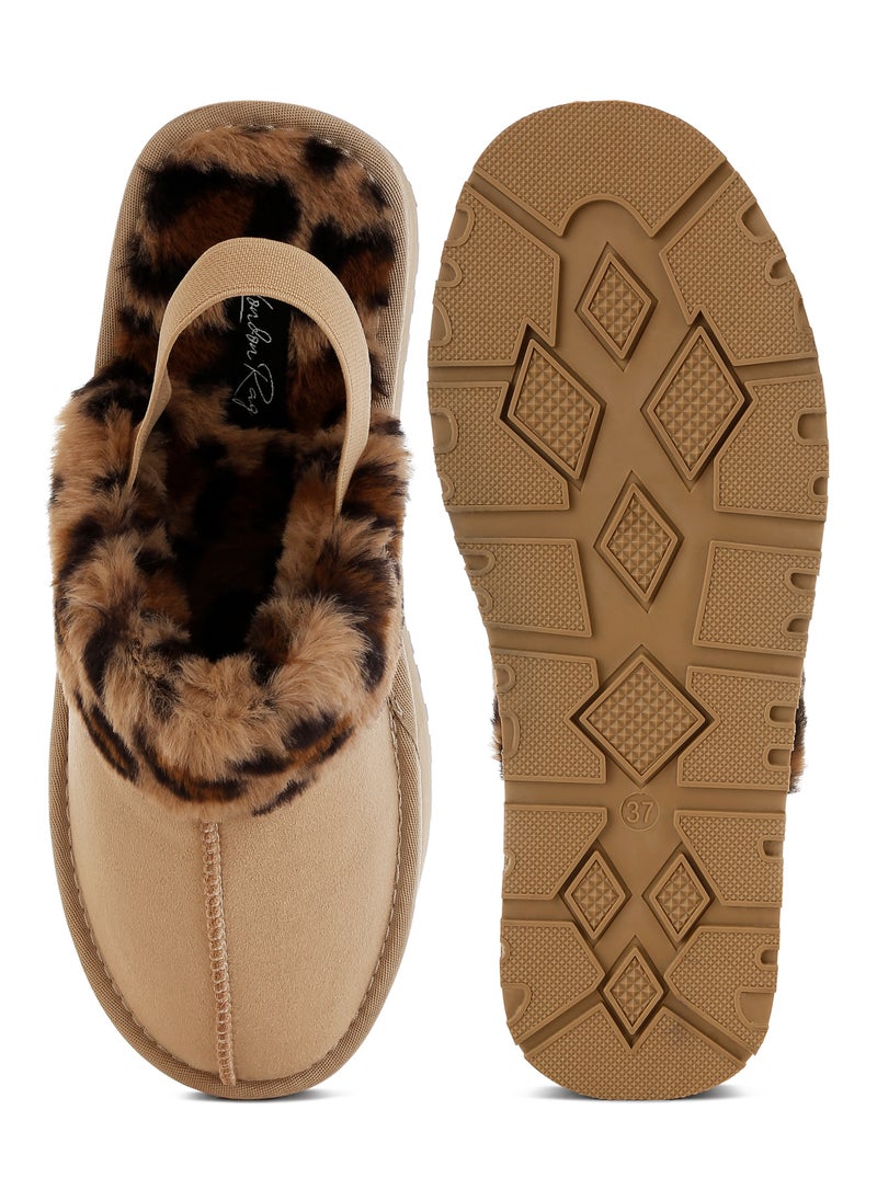 Leopard Faux Fur Platform Classic Slingback in Beige