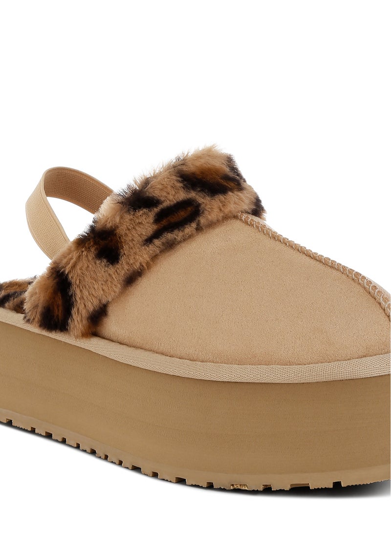 Leopard Faux Fur Platform Classic Slingback in Beige