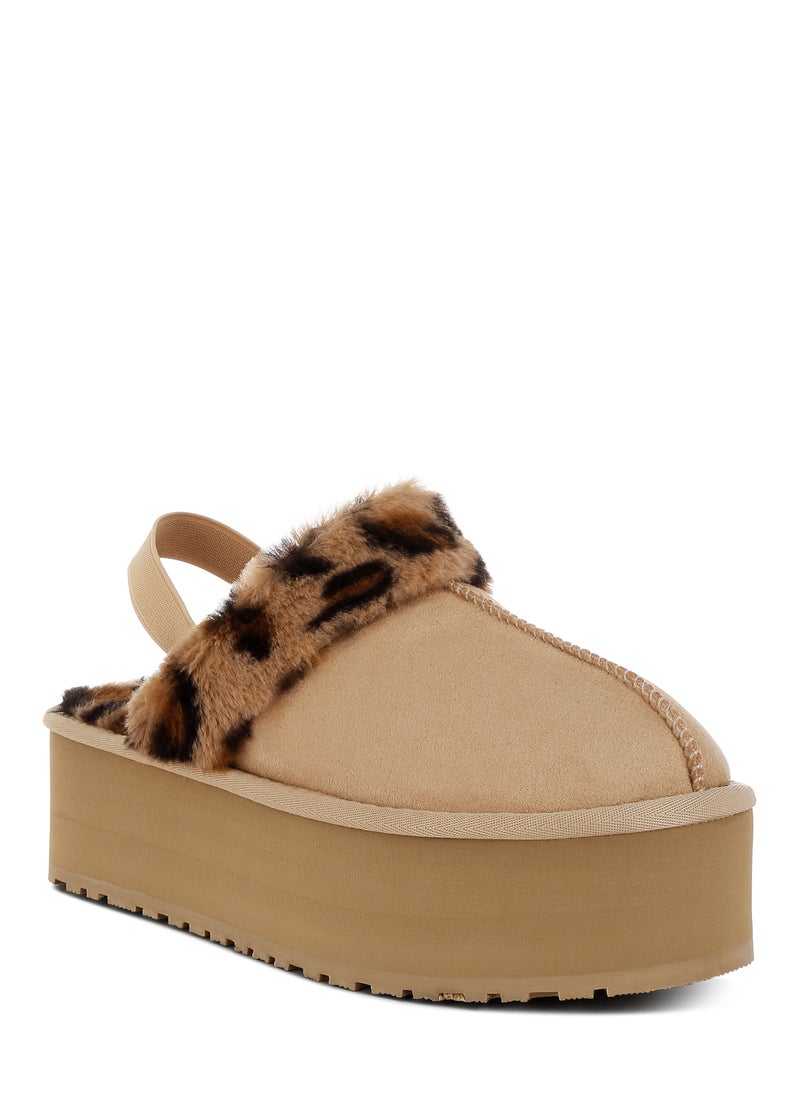 Leopard Faux Fur Platform Classic Slingback in Beige