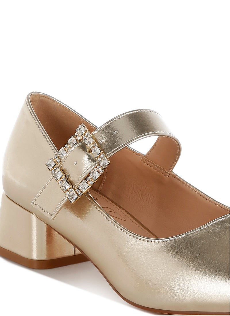 Diamante Brooch Metallic Mary Jane Pumps in Gold