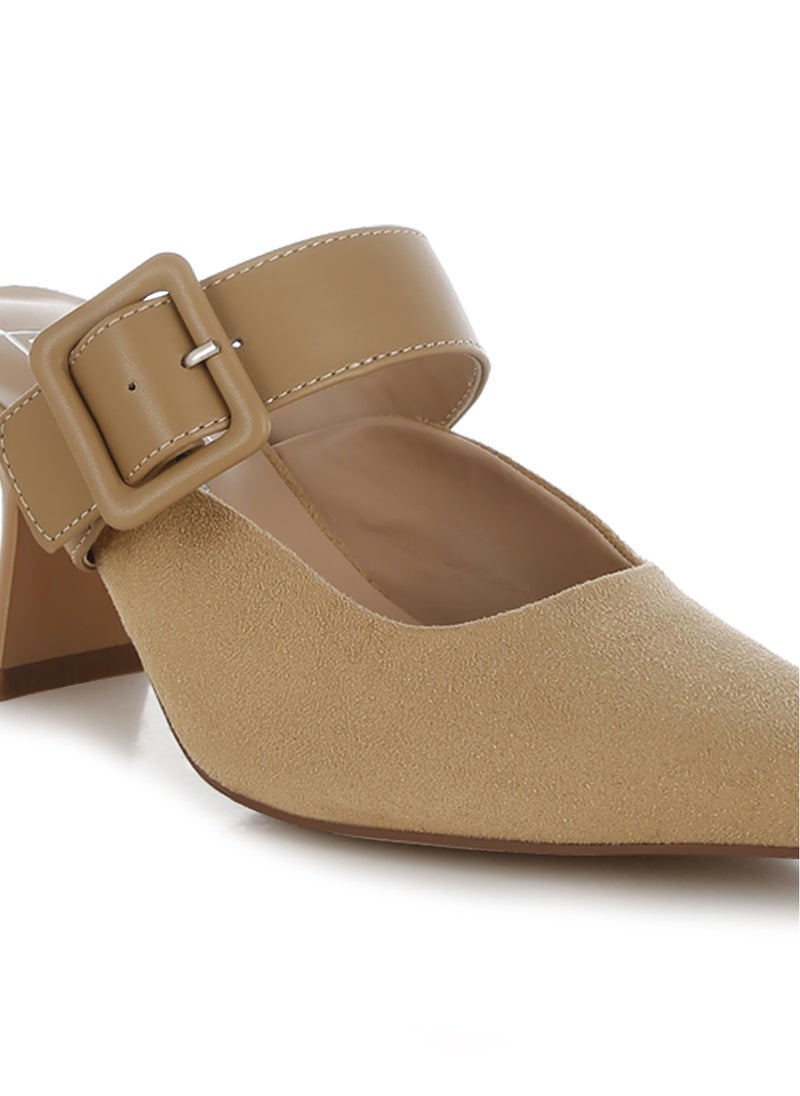 Microfiber Pointy Slip-On Mules in Beige