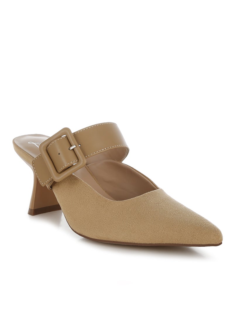 Microfiber Pointy Slip-On Mules in Beige