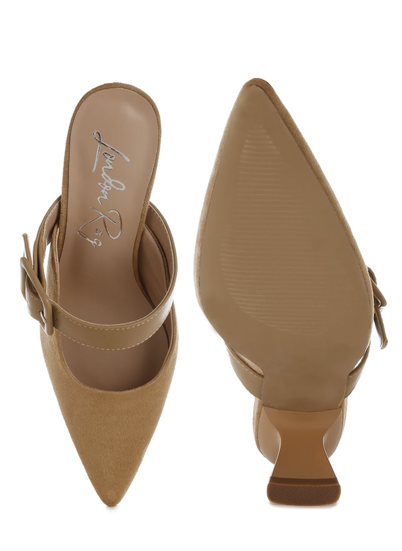 Microfiber Pointy Slip-On Mules in Beige