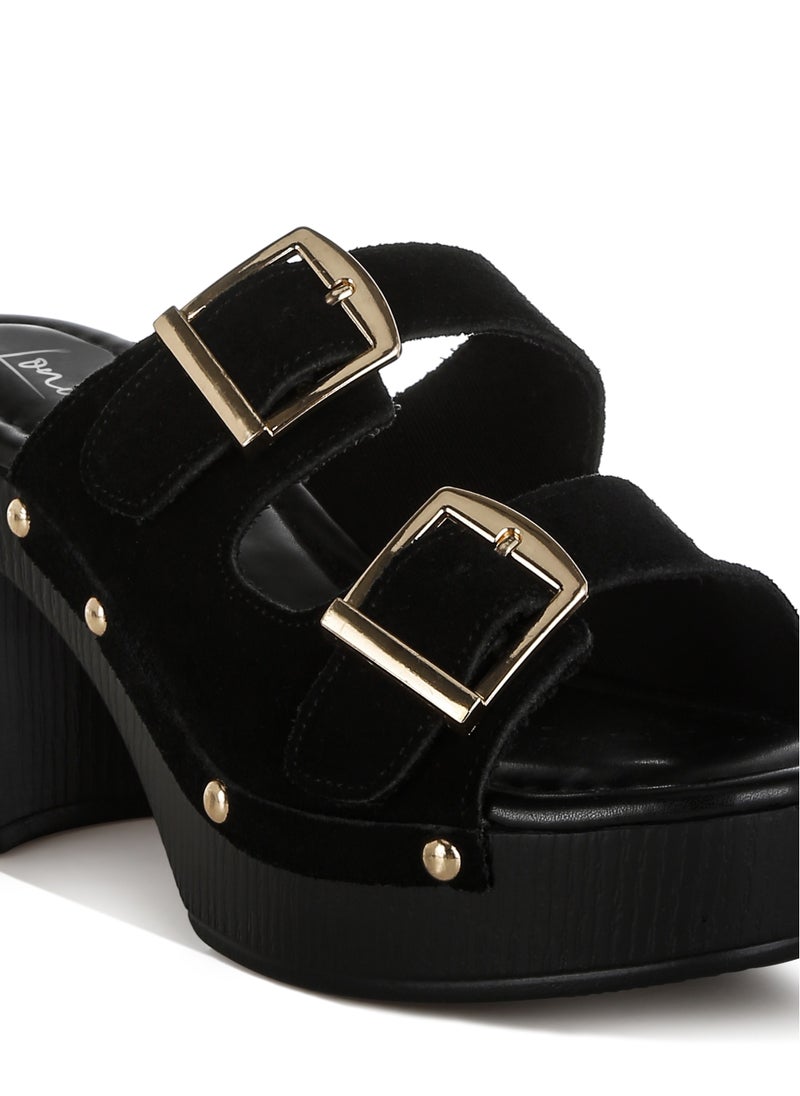 Studded Dual Buckle Platform Clogs in Black