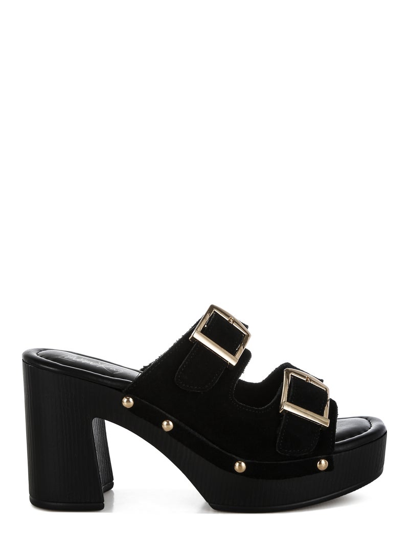 Studded Dual Buckle Platform Clogs in Black