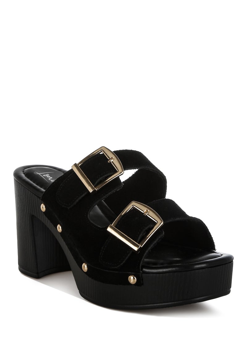 Studded Dual Buckle Platform Clogs in Black