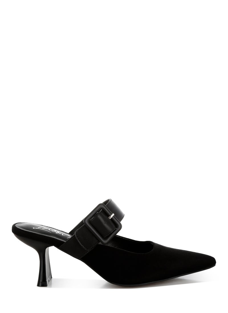 Microfiber Pointy Slip-On Mules in Black