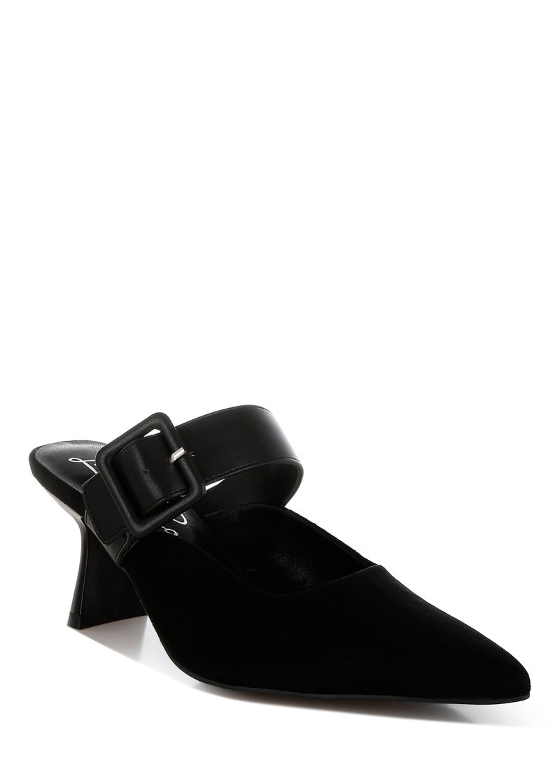 Microfiber Pointy Slip-On Mules in Black