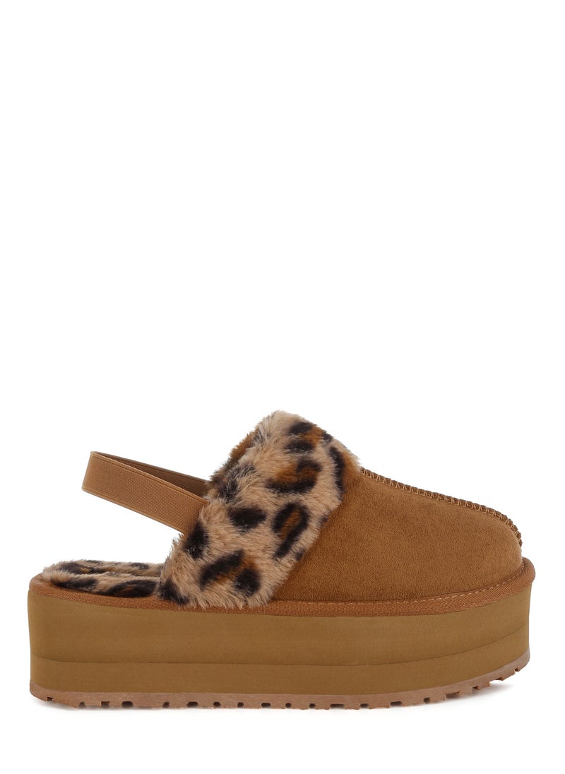 Leopard Faux Fur Platform Classic Slingback in Tan