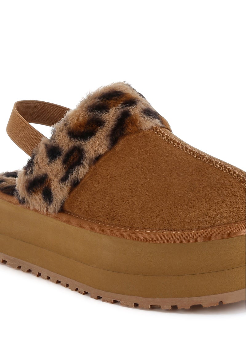 Leopard Faux Fur Platform Classic Slingback in Tan