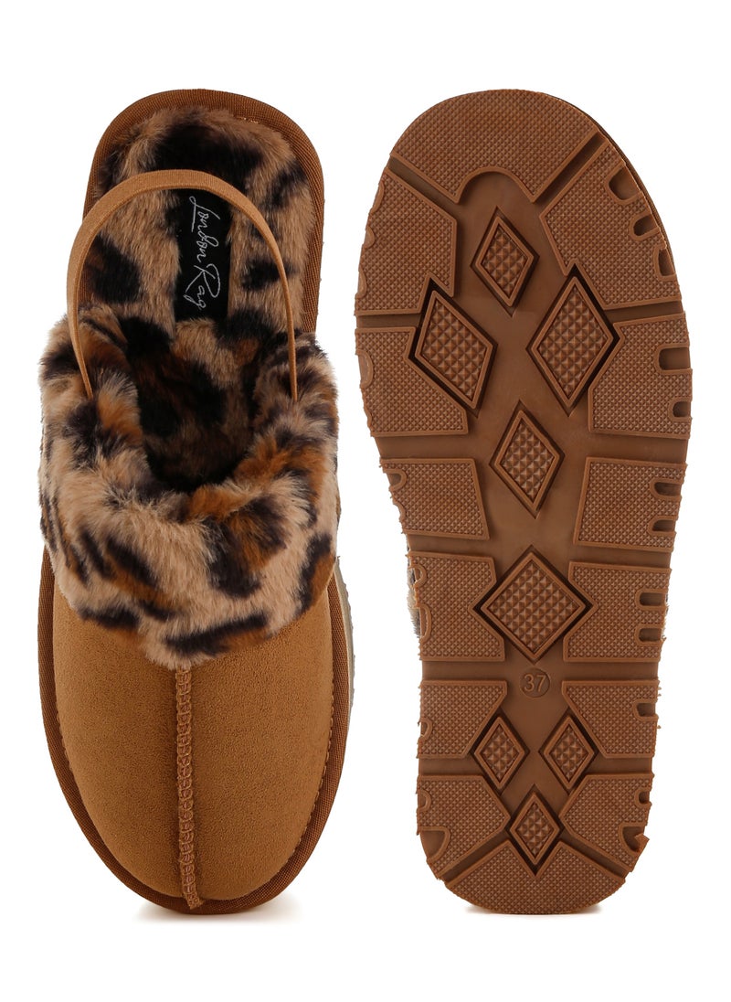 Leopard Faux Fur Platform Classic Slingback in Tan