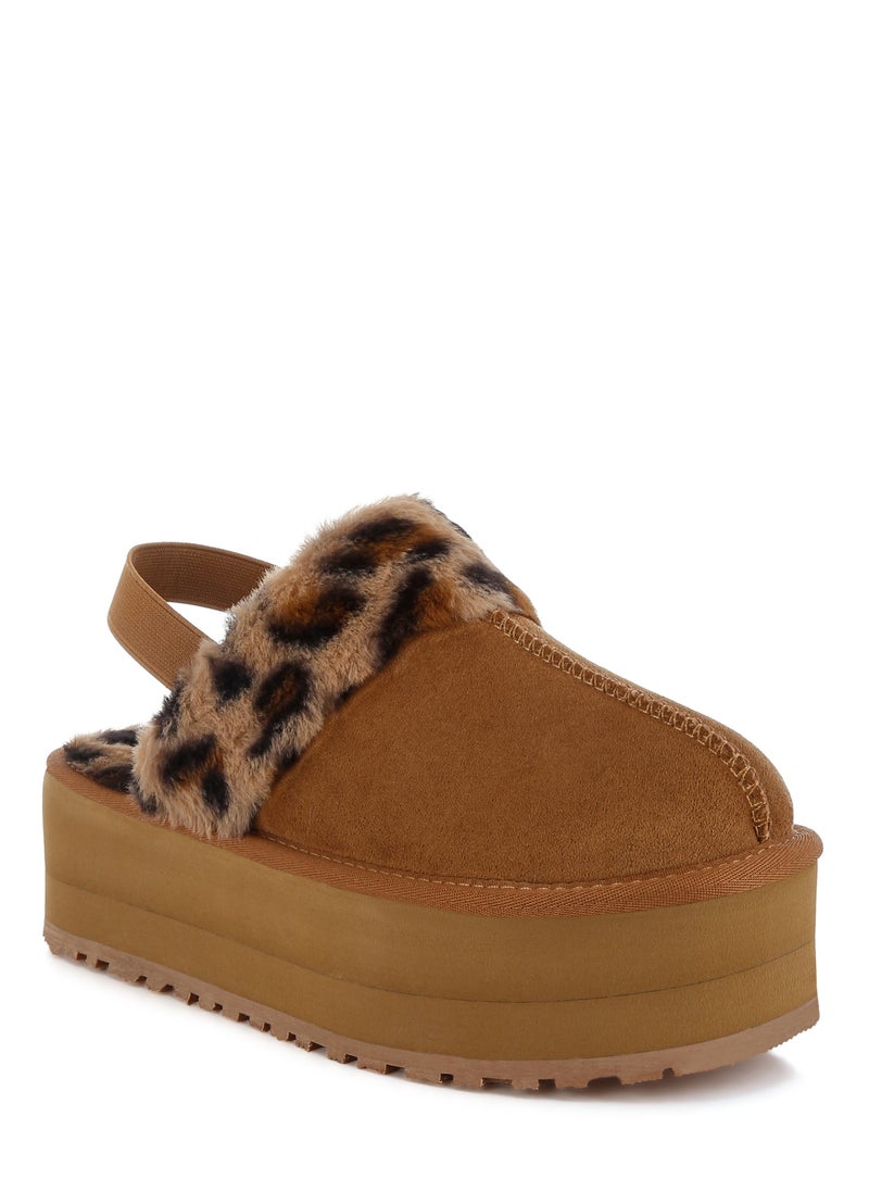 Leopard Faux Fur Platform Classic Slingback in Tan