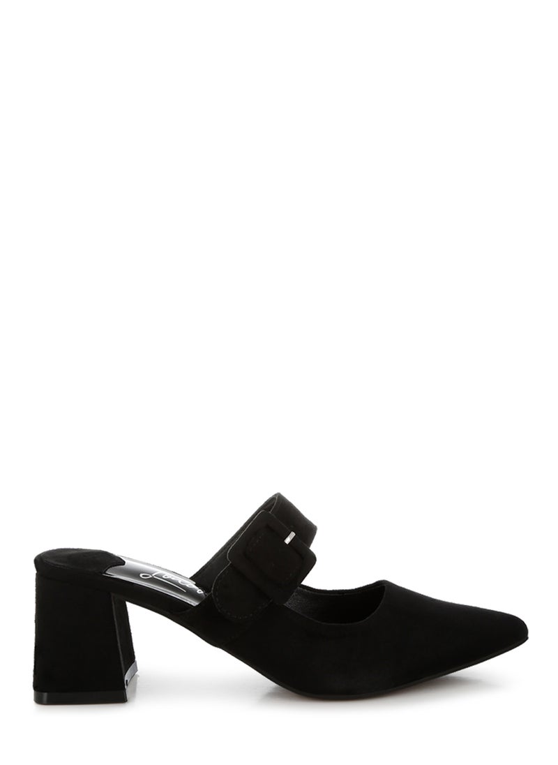 Buckle Strap Detail Microfiber Mules in Black