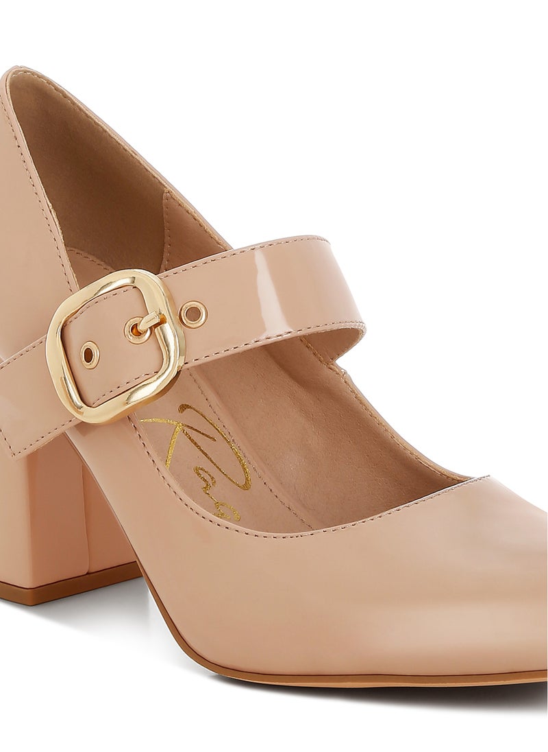 Block Heel Mary Jane Sandals in Beige