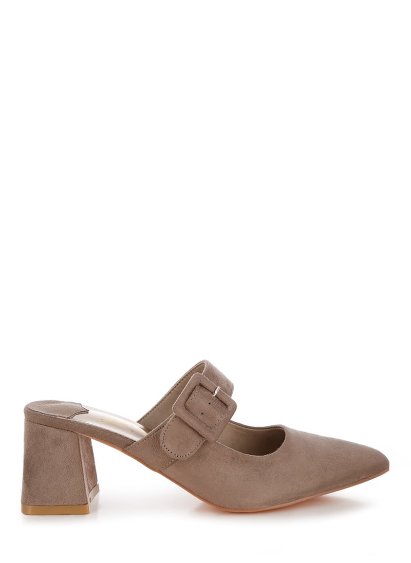 Buckle Strap Detail Microfiber Mules in Taupe